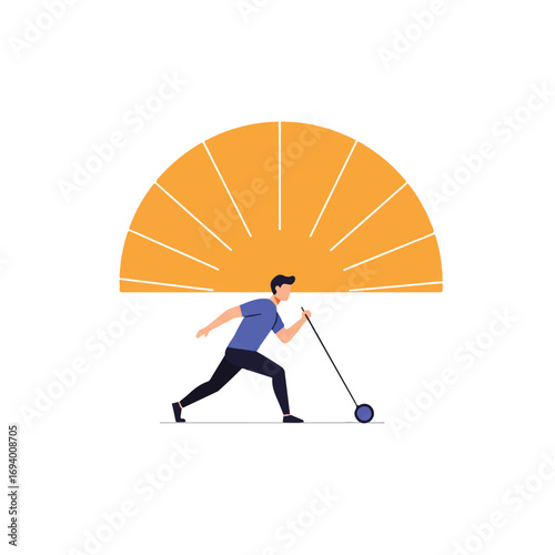 A serene 2D flat vector illustration portrays a lone figure exercising as a stylized rising sun in the background symbolizes fresh starts and consistency.