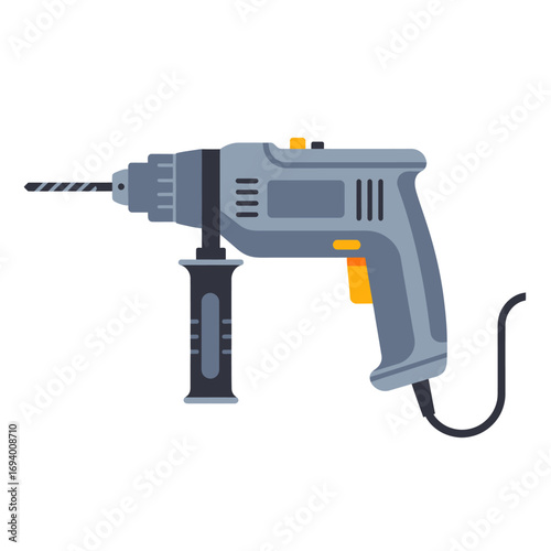 A gray electric power drill with a side handle and cord, shown in a flat vector illustration style on a white background.