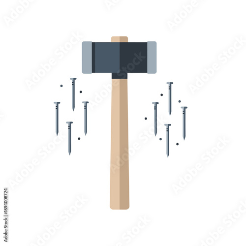 Illustration of a sledgehammer surrounded by nails on a white background.