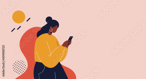 Modern illustration of a Black woman using a smartphone. Depicts digital communication, online connectivity, and technology in daily life, suitable for lifestyle and business concepts.