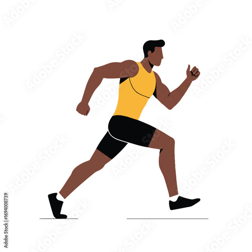 An energetic runner in mid-stride is depicted in a sleek 2D flat vector illustration, showcasing determination with minimalist clean lines and solid colors on a pure white background.