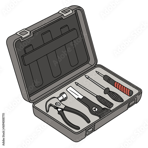 Gray toolbox with assorted hand tools hammer pliers