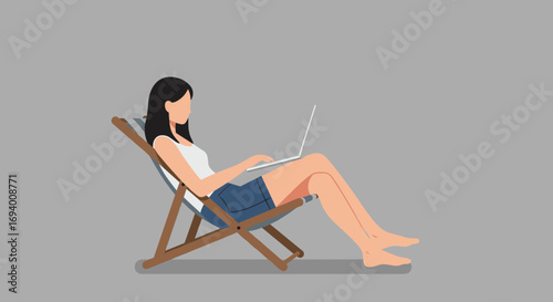 Young woman working remotely on her laptop while relaxing in a lounge chair. Illustrates modern flexible work, leisure, or digital nomad lifestyle.