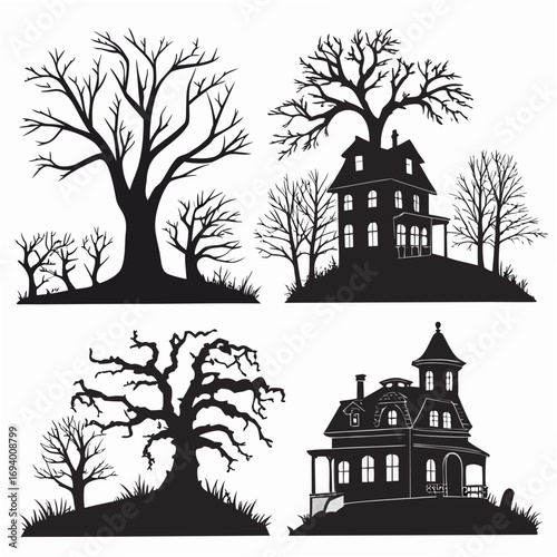 Haunted mansion and bare trees silhouettes spooky eerie