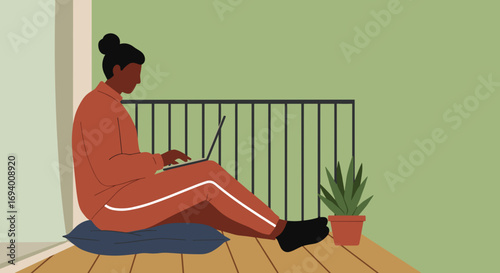Person working remotely on a laptop from a comfortable home balcony, embodying modern flexible work and lifestyle balance. Ideal for themes of productivity and relaxation.
