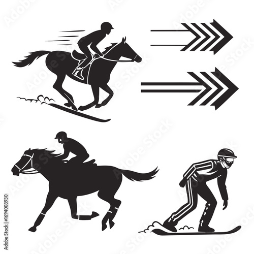Horse rider and snowboarder motion icons jockey racing