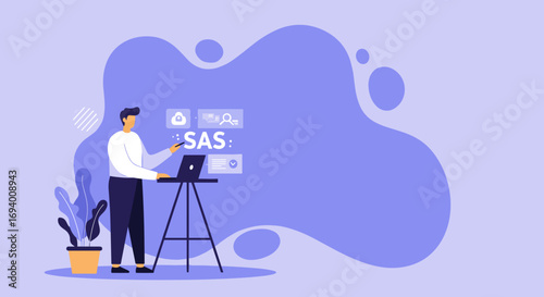 Professional man using a laptop and digital interface with SAS (Software as a Service) displayed, representing data analytics, business solutions, and technological work in an abstract modern setting.