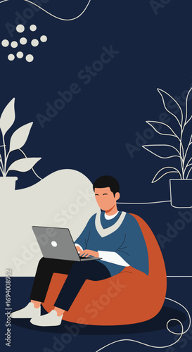 Young man working comfortably on a laptop from home, ideal for concepts like remote work, freelancing, online education, or digital lifestyle.