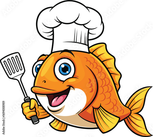 Funny cartoon fish chef character holding spatula, wearing a chef hat, perfect for seafood restaurant logo, cooking concept, menu or branding design.