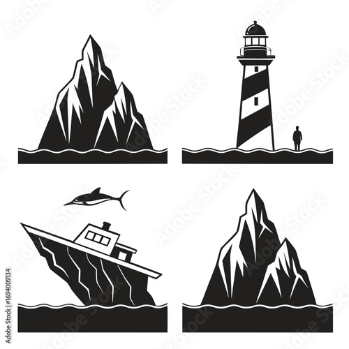 Iceberg lighthouse sinking ship dolphin ocean