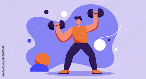 Energetic man lifting dumbbells overhead, demonstrating strength and commitment to fitness. Ideal for health, wellness, and active lifestyle content.