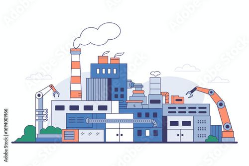 Modern Factory Illustration with Robotic Arms and Smoke Stack Promoting Industry and Technology with a Clean Minimalist Design