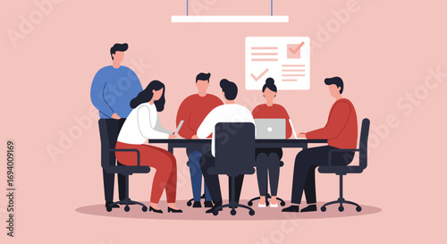 Diverse business team collaborating in a modern meeting room, actively discussing tasks and strategies. Ideal for concepts of teamwork, productivity, and corporate success.