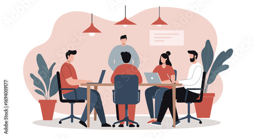 Team of professionals collaborating on a business project in a modern office meeting room. Ideal for corporate strategy and communication.