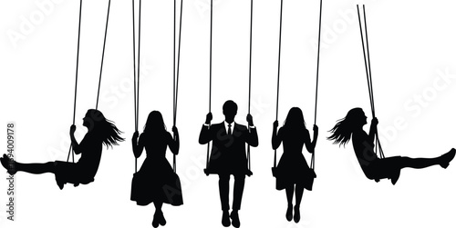 Vector silhouette of people on swings, including children and a man in a suit, concept of fun, freedom, contrast, life balance.
