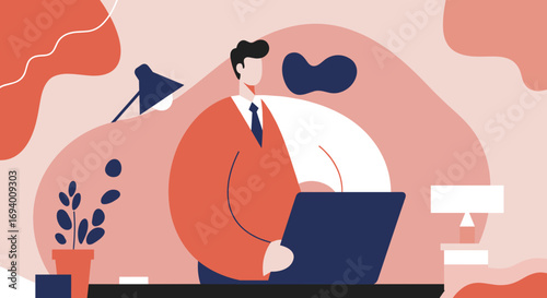 A professional man works diligently on his laptop in a modern, minimalist office setting. Ideal for business, remote work, or digital lifestyle concepts.