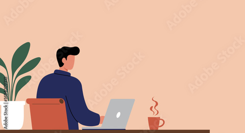 Man working remotely on a laptop at a desk with a plant and coffee. Illustrates remote work, productivity, home office, or modern lifestyle.