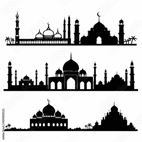 Islamic architecture silhouettes minarets domes arches palm trees mosque