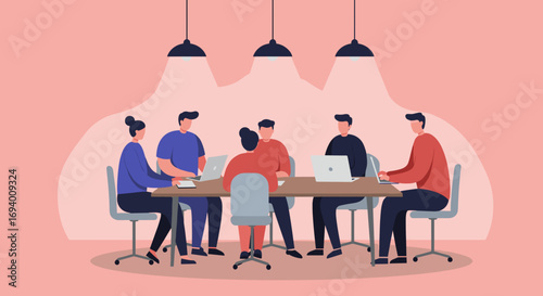 Team of diverse professionals collaborating around a conference table with laptops in a modern office meeting. Ideal for business, corporate, and teamwork concepts.