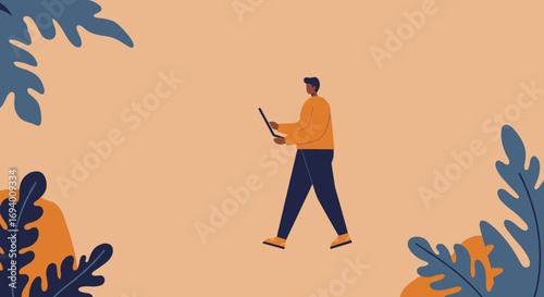 Modern man walking with laptop, engaged in remote work or online communication. Ideal for business, technology, and lifestyle themes.