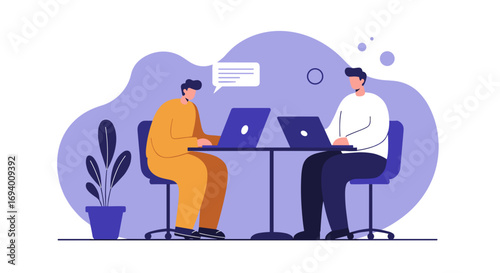 Two men collaborate on laptops in a modern office, symbolizing teamwork, online communication, and digital project management for business and education.