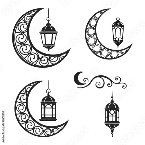 Islamic crescent moons and ornate lanterns decorative