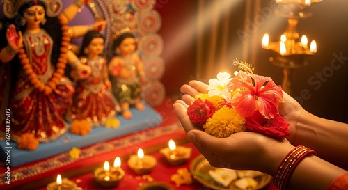 Offering Flowers to Goddess Durga during Durga Puja celebration festival