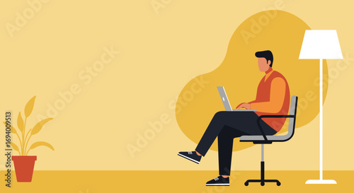 Modern illustration of a man working remotely on his laptop from a home office, ideal for themes of productivity, freelance, and technology.