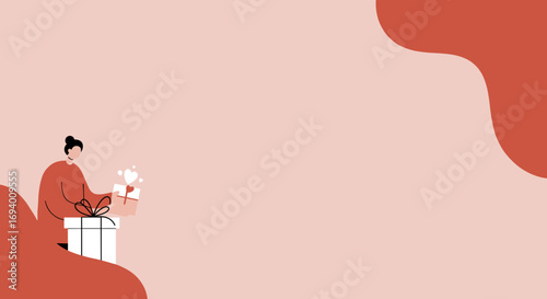 Minimalist illustration of a person holding a gift box with hearts, symbolizing love and generosity. Ideal for celebrations, holidays, or thoughtful gestures.