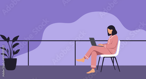 Woman in pajamas working remotely on a laptop from her home balcony, illustrating flexible work, comfort, and modern lifestyle.
