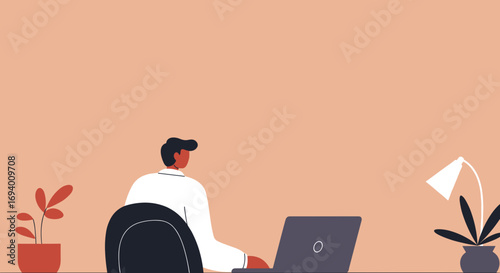 Man working diligently on a laptop at a modern desk with plants, ideal for remote work, business, or educational themes. Represents productivity and digital lifestyle.