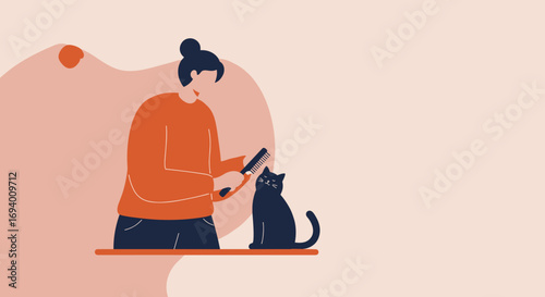Illustration of a person gently brushing a black cat, symbolizing pet care, bonding, and domestic life. Ideal for lifestyle, veterinary, or animal welfare content.