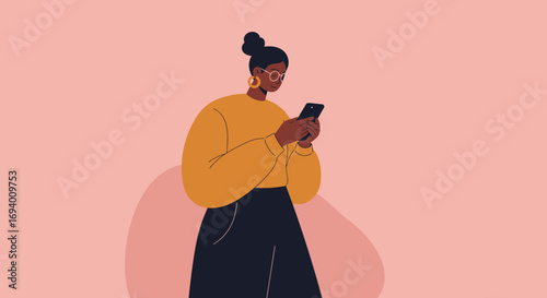 Focused Black woman uses her smartphone, embodying digital connectivity, social media, online shopping, or mobile banking in modern life.
