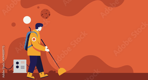 Explorer surveying an alien planet's surface, equipped with tools and backpack. Illustrates space exploration, future colonization, scientific discovery, or environmental efforts in a new world.