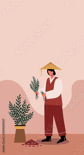 Person in traditional East Asian attire tending to green plants, symbolizing gardening, sustainable living, and cultural connection to nature.