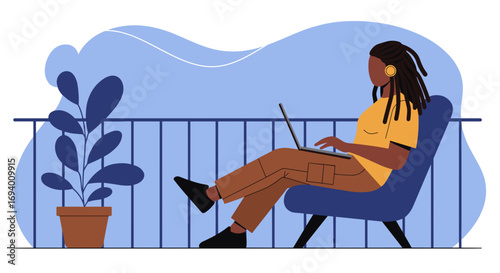 Relaxed person works remotely on a laptop from a balcony, embodying modern flexible work-life balance and digital nomad lifestyle.