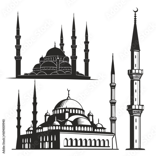 Islamic mosque minaret and dome silhouettes Islamic architecture