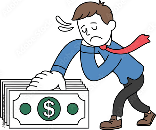 Stressed businessman struggling to manage growing stack of cash, feeling overwhelmed by finances.