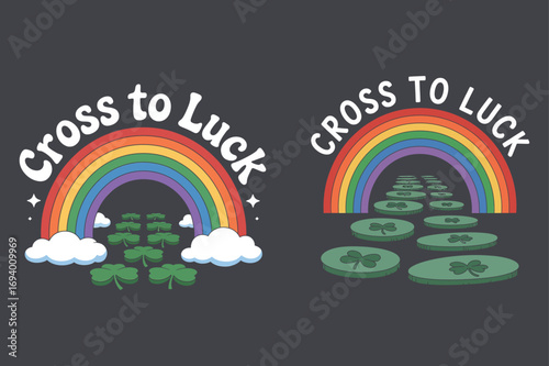 Rainbow arch with shamrocks and coins clover green