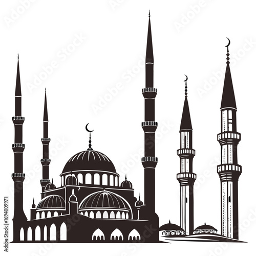 Islamic mosque minaret silhouettes against white background architecture