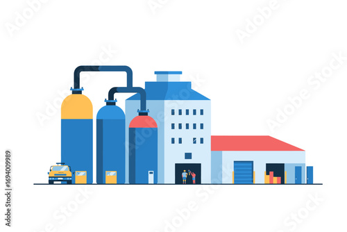 Modern Industrial Factory Illustration with Tanks Building and Truck for Manufacturing Business Solutions and Energy Production