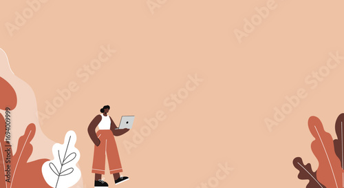 Modern illustration of a woman working remotely on her laptop amidst minimalist abstract leaves, symbolizing productivity and flexible work-life balance.