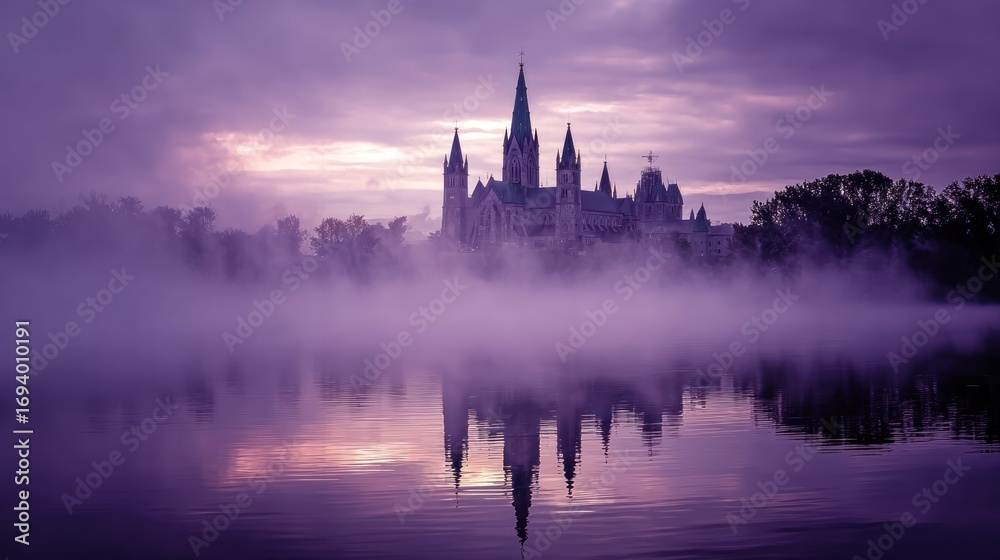 Obraz premium A Gothic-style building is mirrored on a misty lake, with a purple/pink hued sky above, evoking mystery