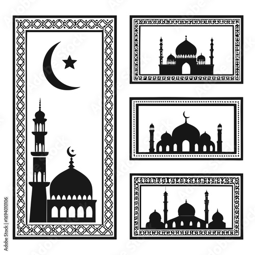 Islamic prayer rug border designs with mosques and crescent sajjadah
