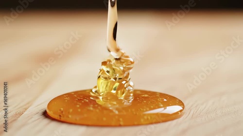 Golden Honey Dripping on Light Brown Wooden Surface in a Close Up Shot