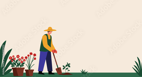 Gardener in a hat and overalls planting a young seedling with a shovel. Represents growth, nature, agriculture, and sustainable living. Ideal for environmental and lifestyle concepts.