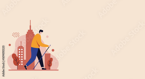A man walking with a stick in a city park or urban area, representing active lifestyle, health, and urban recreation. Suitable for themes of well-being, exercise, and city life.