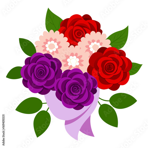 Colorful Flower Bouquet with Roses and Decorative Leaves – Floral Vector Illustration