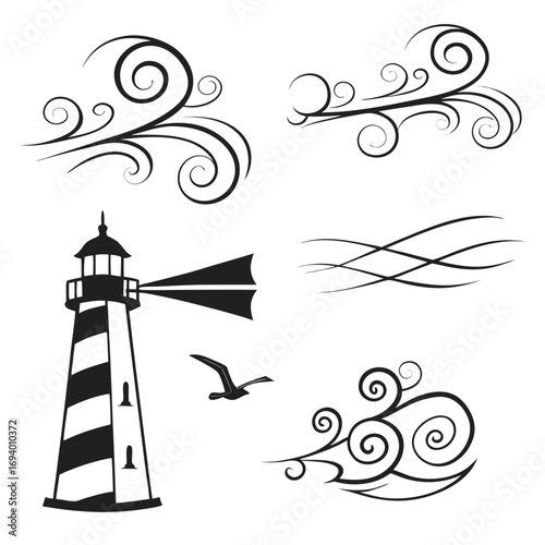 Lighthouse and swirling wind symbols bird gust
