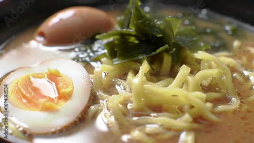 Close Up of Japanese Ramen Noodles with Seaweed and Boiled Egg in Golden Broth